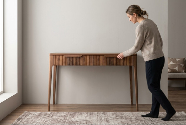Wood console table, walnut natural - Toros black marble.
