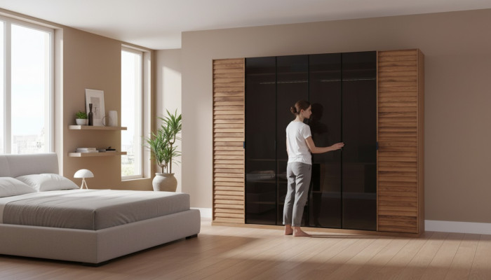 Wardrobe sliding doors glass doors bedroom furniture mirror brown