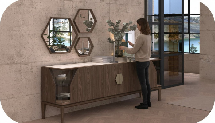 Luxury brown sideboard with glass elements storage dining room furniture wood