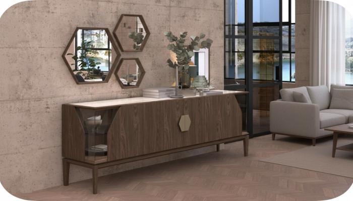 Luxury brown sideboard with glass elements storage dining room furniture wood