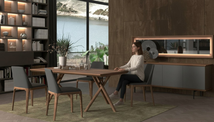 Luxury dining furniture with table, chairs, chest of drawers, and mirror