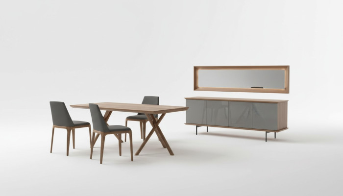 Luxury dining furniture with table, chairs, chest of drawers, and mirror