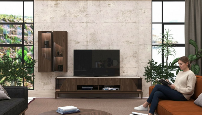 Living room furniture wall unit hanging shelves sideboard brown luxury wooden furniture