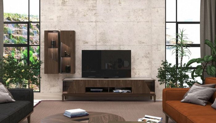 Living room furniture wall unit hanging shelves sideboard brown luxury wooden furniture