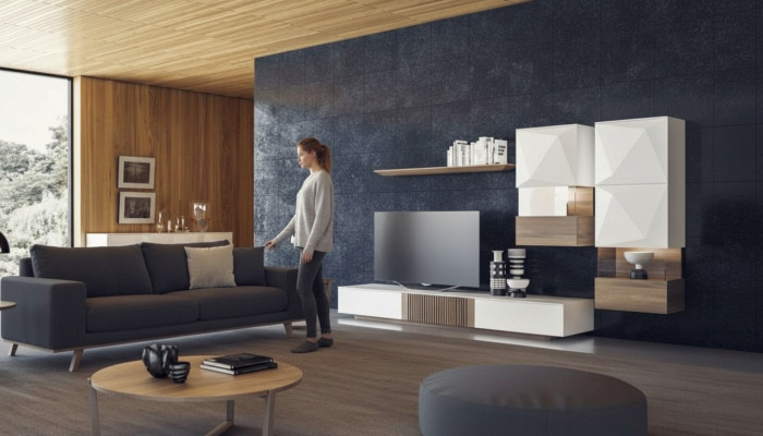 Luxury Walnut Natural Modern White Wall Unit TV Stand Sideboard Wall Shelves