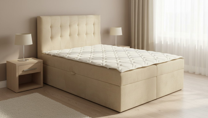 Chesterfield bed beige bedroom wooden furniture design elegant upholstery fabric