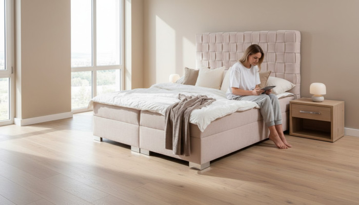 Beige bedroom beds upholstered bed Chesterfield textile fabric new