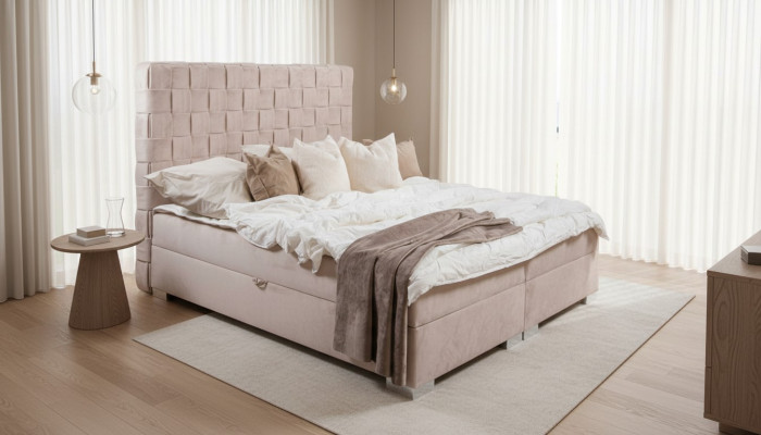 Beige bedroom beds upholstered bed Chesterfield textile fabric new