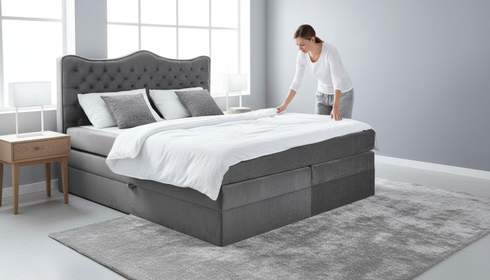 Bed frame gray chesterfield bedroom design elegant fabric classic furniture