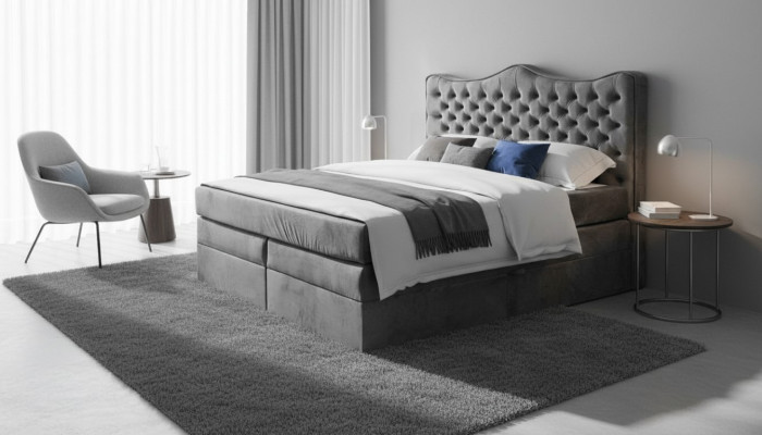 Bed frame gray chesterfield bedroom design elegant fabric classic furniture