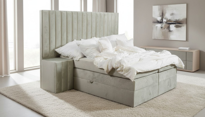 Modern taupe double bed 2x bedside tables bedroom box spring bed
