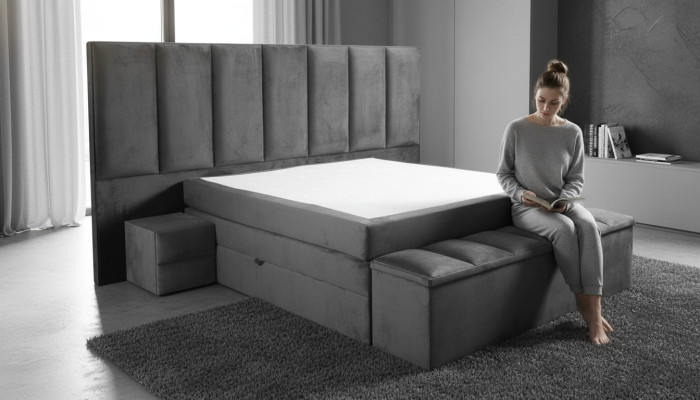 Gray double bed + 2x nightstands classic bedroom furniture design elegant
