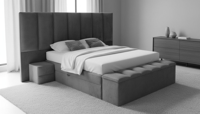 Gray double bed + 2x nightstands classic bedroom furniture design elegant