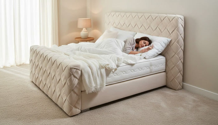 Beige double bed modern bedroom furniture luxury stylish fabric bed