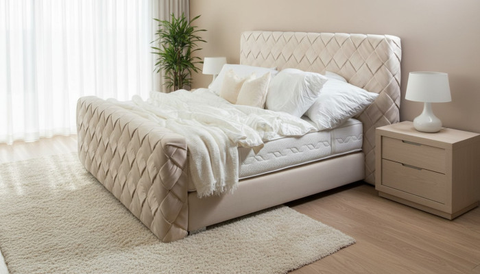 Beige double bed modern bedroom furniture luxury stylish fabric bed