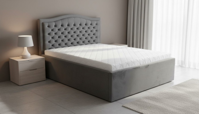 Gray Chesterfield bed Classic bedroom furniture design Elegant fabric