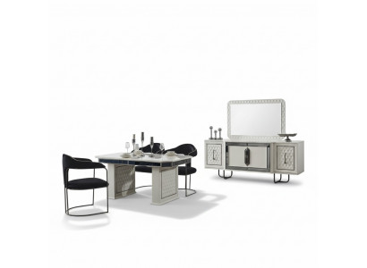 Dining room set: dining table, 4x chairs, table, armchair, sideboard, mirror, 7-piece set