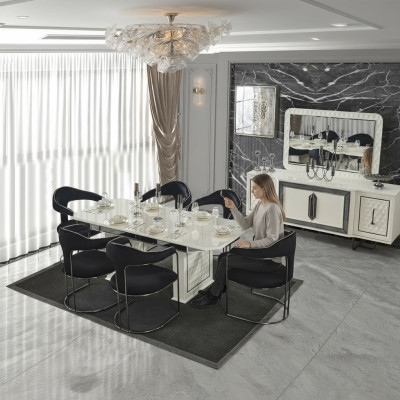 Modern dining room set white dining table 6 chairs white sideboard mirror new