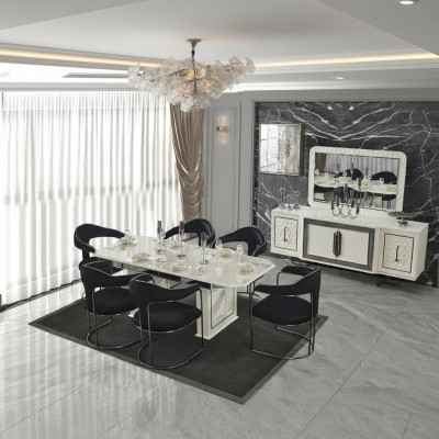 Modern dining room set white dining table 6 chairs white sideboard mirror new
