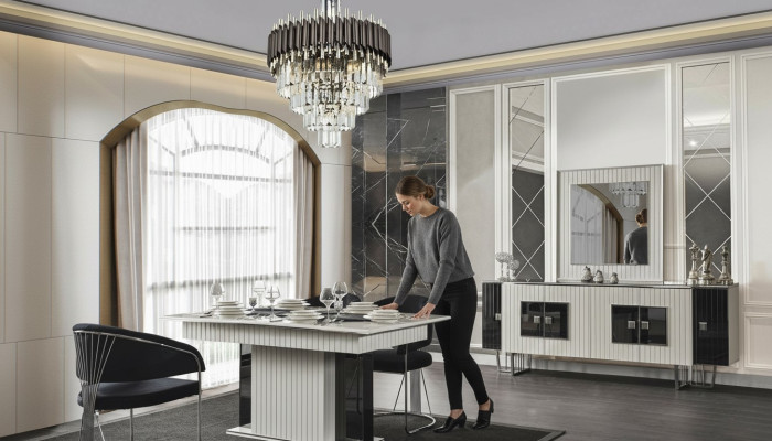 Luxury dining room set dining table with 6 chairs sideboard mirror 8-piece