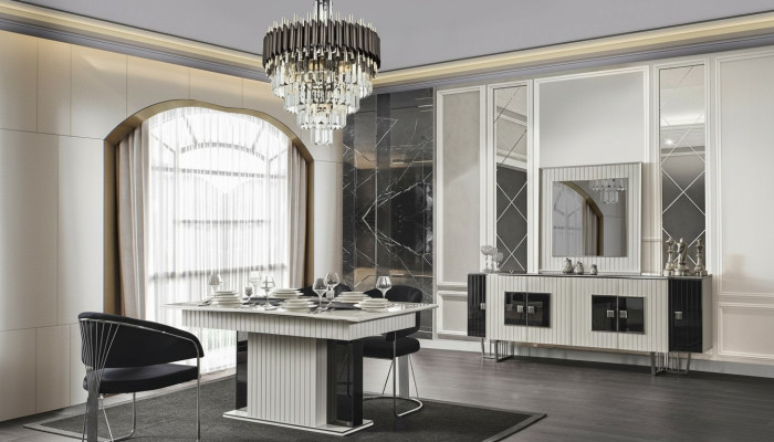 Luxury dining room set dining table with 6 chairs sideboard mirror 8-piece
