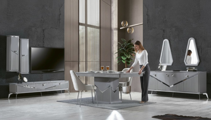 Gray Modern Dining Room Set 4x Chair Mirror Sideboard Shelf 9-piece
