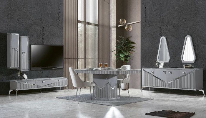 Gray Modern Dining Room Set 4x Chair Mirror Sideboard Shelf 9-piece