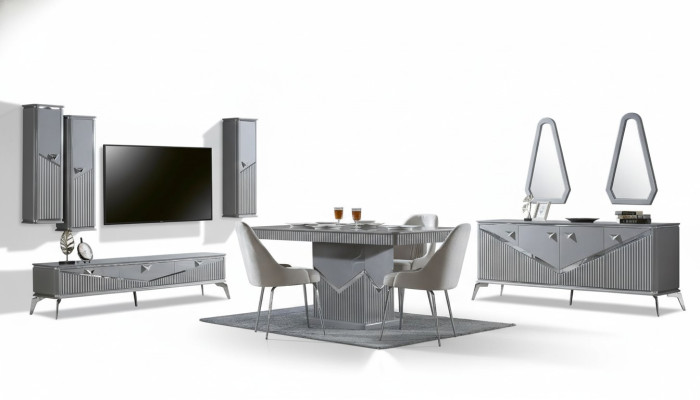 Gray Modern Dining Room Set 4x Chair Mirror Sideboard Shelf 9-piece