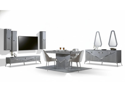 Gray Modern Dining Room Set 4x Chair Mirror Sideboard Shelf 9-piece