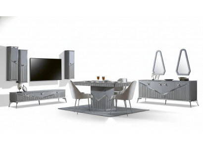 Gray Modern Dining Room Set 4x Chair Mirror Sideboard Shelf 9-piece