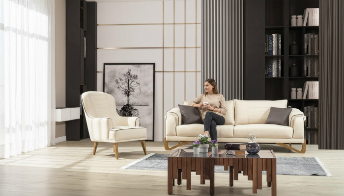 Sofa set beige with wooden frame 3+1 seater couches furniture sets