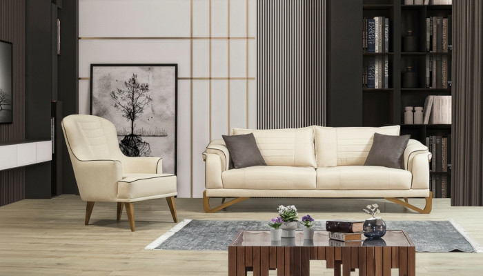 Sofa set beige with wooden frame 3+1 seater couches furniture sets