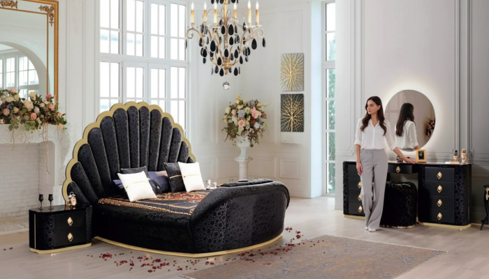 Modern luxury bedroom furniture made from high-quality fabric and sturdy wood.