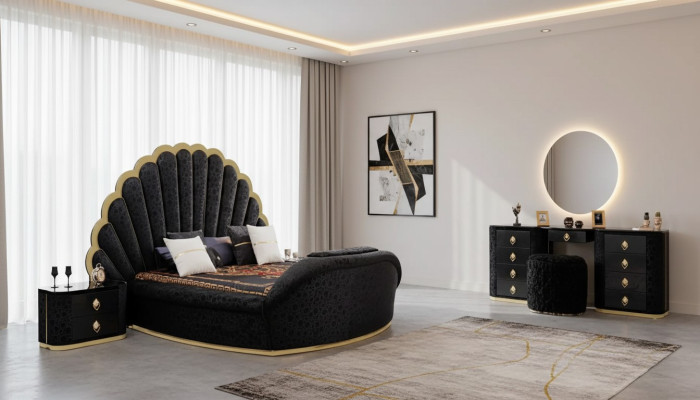 Modern luxury bedroom furniture made from high-quality fabric and sturdy wood.