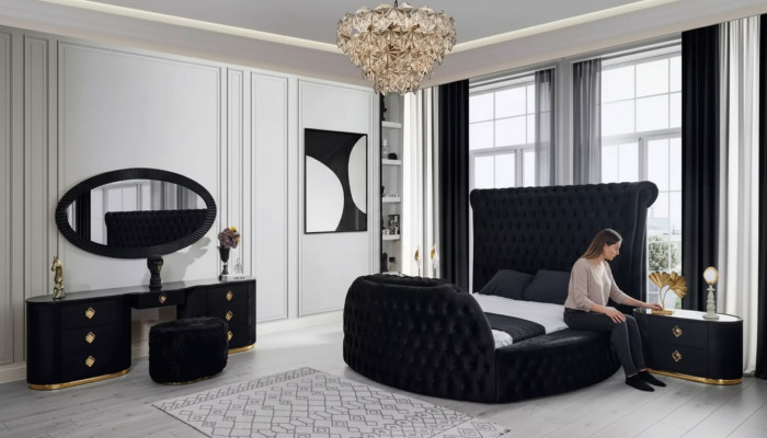Bedroom black set bed 2x nightstands dressing table Chesterfield 5-piece