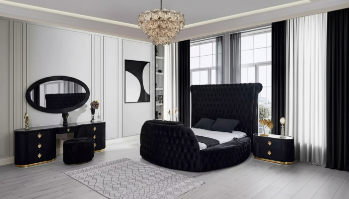 Bedroom black set bed 2x nightstands dressing table Chesterfield 5-piece