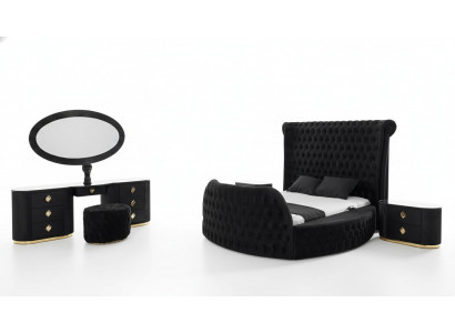 Bedroom black set bed 2x nightstands dressing table Chesterfield 5-piece