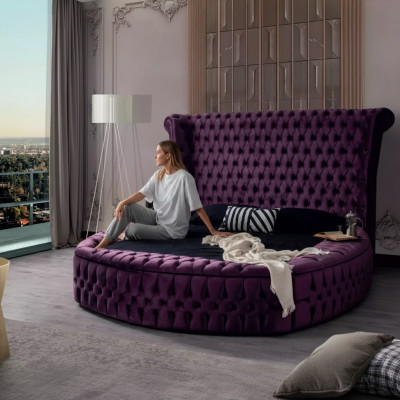 Round Chesterfield Bed Purple Beds Furniture Velvet Textile Hotel Interior Double
