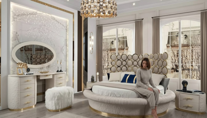 Modern bedroom set: bed + 2x nightstands + dressing table + mirror, 5-piece set