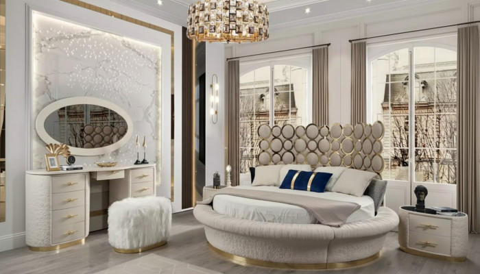 Modern bedroom set: bed + 2x nightstands + dressing table + mirror, 5-piece set