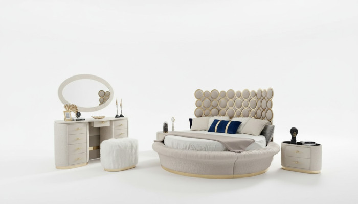 Modern bedroom set: bed + 2x nightstands + dressing table + mirror, 5-piece set