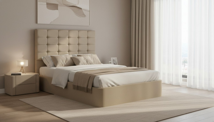 Luxurious designer bed with mattress from a European furniture manufacturer for the bedroom.