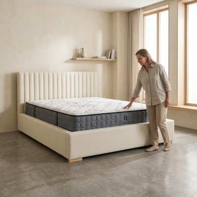 Bed Beige Double Bed Wood Modern Elegant Bed Upholstery Fabric Bedroom New
