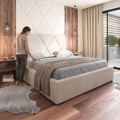 Bed Beige Double Bed Style Elegant Bed Upholstery Fabric Bedroom Modern New