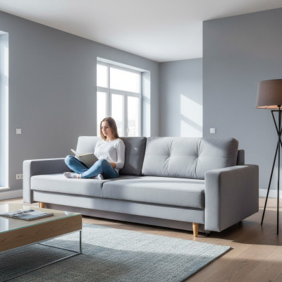 Comfortable and functional extendable 3-seater sofa in light gray color in modern style