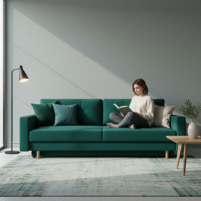Functional and ultra comfortable 3-seater sofa bed in luxurious green