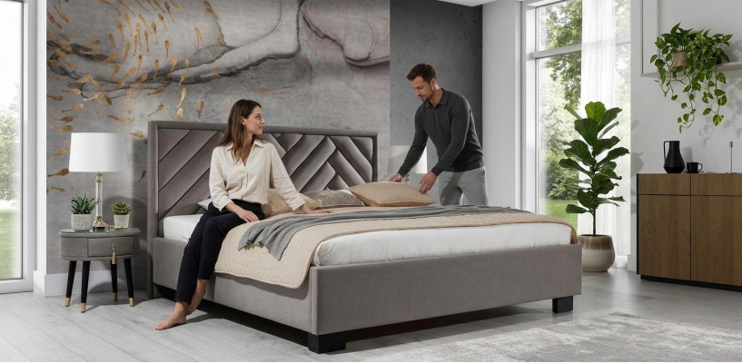 Bedroom Set Grey Bed Wood 2x Nightstands Elegant Modern Beautiful New 3-piece.