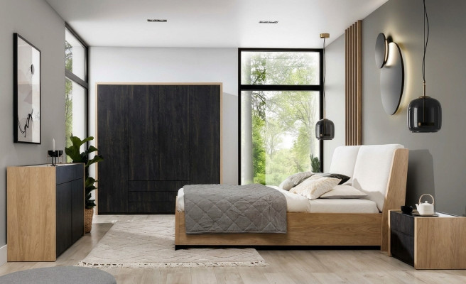 Bedroom set beige bed 2x nightstands chest of drawers wardrobe modern 5-piece.