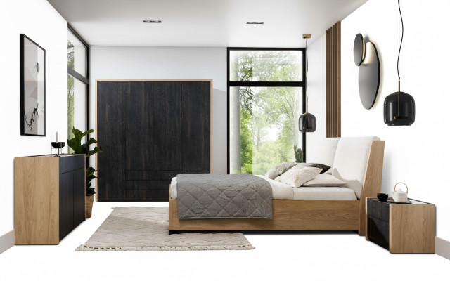 Bedroom set beige bed 2x nightstands chest of drawers wardrobe modern 5-piece.
