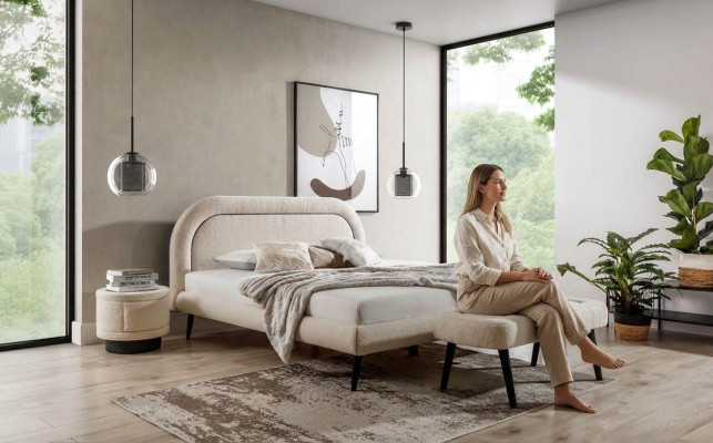 Bedroom set white bed elegant 2x nightstands luxury stool modern.